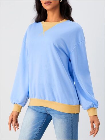 SHENHE Women's Color Block Crew Neck Patchwork Sweatshirt Long Sleeve Loose Pullover Top in Saudi Arabia