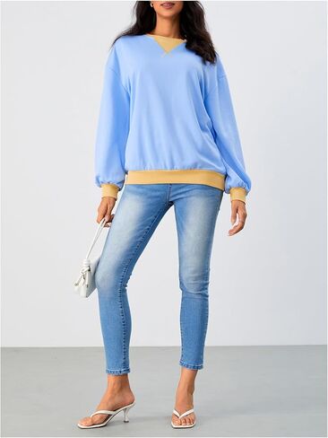 SHENHE Women's Color Block Crew Neck Patchwork Sweatshirt Long Sleeve Loose Pullover Top in Saudi Arabia