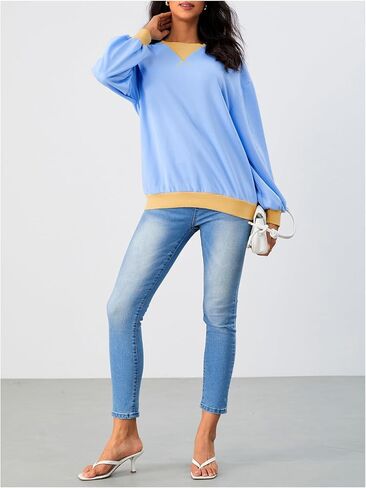 SHENHE Women's Color Block Crew Neck Patchwork Sweatshirt Long Sleeve Loose Pullover Top in Saudi Arabia