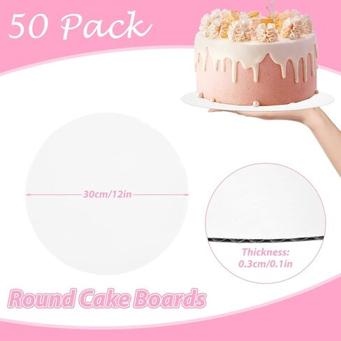 50 قطعة من ألواح الكيك مقاس 12 بوصة دوائر الكيك البيضاء الدائرية مقاس 12 بوصة، دوائر الكيك من الورق المقوى، طبق الكيك من الورق المقوى القابل للاستخدام مرة واحدة لخبز الكيك in Kuwait