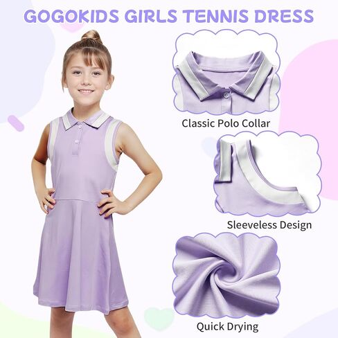 Gogokids Girls Tennis Dress Sleeveless Quick-Dry Kids Golf and Athletic Workout Outfit with Polo Collar for 6-14Y in Kuwait