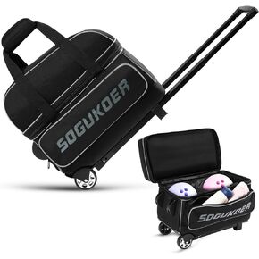 2 Bowling ball Bag with Wheels, Lightweight Trolley Double Ball Bowling bag with Large Separate Shoe Compartment and Oversized Accessory Pocket, Retractable Handle Extends To 39.5"