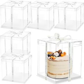6 Pack Clear Cake Box, 2-Layer Transparent Cake Box with Ribbon, 10" X 10" X 9" Tall Cake Carrier Box with Sturdy Board for Bakery Dessert Bread Pastry Birthday Parties, Wedding Graduation