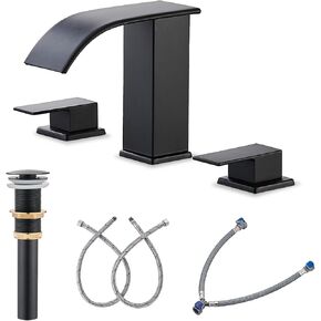 Waterfall Bathroom Faucet 3 Hole, Matte Black 8 Inch Widespread Bathroom Faucets & Parts, Modern 3 Piece Bathroom Sink Faucet, Touch On Lavatory Faucet for Bathroom Vanity Sink, Curved Spout