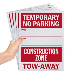 Smartsign Temporary No Parking - Construction Zone, Tow-Away Write-On Sign | 9" x 12" Polystyrene Plastic (Pack of 5), Made in USA
