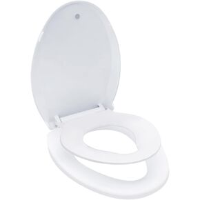 Elongated Toilet Seat with Toddler Seat Built In Soft Close, Slow Close Family Toilet Seat with Potty Training Seat White