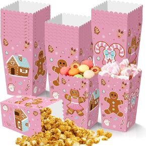 K KUMEED 24 PCS Christmas Popcorn Favor Boxes,Pink Gingerbread Man Christmas Party Supplies,Cute Candy House Popcorn Bowls Popcorn Buckets Popcorn Bags for Kids Christmas Party Decorations