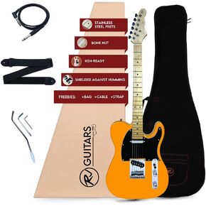 Basic Electrics Broadcaster Full Size 39" Solid Body Electric Guitar, T-Style, Stainless Steel Frets, Bone Nut, S-S with Bag, Strap, Cable, Adult Beginner Kit, Mustard