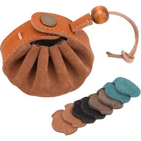RAM'S LAND Leather Guitar Picks Holder Case, Cowhide Drawstring Coin Pouch Compact Change Holder (Brown)