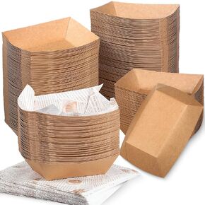 1000 Pieces Disposable Brown Paper Food Tray and Grease Proof Deli Liner, Heavy Duty 2 lb Coated Paperboard Food Boats and Wax Paper Holds Nacho, Taco, Hot Dog and More for Picnics Carnivals Birthday