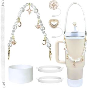 Stanley Cup Accessories Set, Pearl Cup Strap for Stanley, Silicone Water Bottle Handle, Bling Cup Charm for Stanley Fits Most 8-40 oz Bottles Stanley Accessories,1 Pcs Silicone Boot,2 Pcs Straw Topper Cover Cap for Stanley