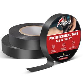 RED WOLF Electrical Tape 1/2" x 66FT Acrylates Copolymer Viscosity Flexibility Electric PVC Tape, Flame Retardant Waterproof 1000 Volt for Auto Engine Industrial Wrapping Wiring Harness 3 Rolls