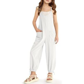 BesserBay Big Girls Casual White Jumpsuit Drawstring Cuffs Long Pants V Neck Spaghetti Strap Romper 13-14 Years
