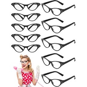 Dunzy 10 Pairs Cat Eye Rhinestone Glasses Retro 50s 60s Cateye Glasses Old Lady Glasses Carnival Sock Hop Party Decorations(Classic Color)