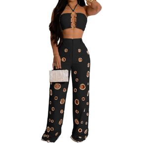 Recious Womens Sexy 2 Pieces Cut Out Holes Crop Tops Bodycon Wide Leg Pants Party Clubwear Tracksuit Outfits Set