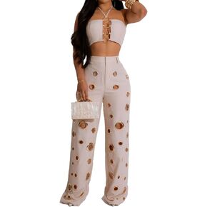 Recious إمرأة مثير 2 قطعة قطع ثقوب المحاصيل القمم Bodycon بنطال ذو قصة أرجل واسعة ملابس الحفلات ملابس رياضية مجموعة