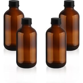 4 Pcs 120ml/4oz Amber Glass Bottles Boston Round Bottle Empty Sample Container with Black Cap for Essential Oil Perfume Liquid