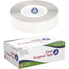 Dynarex Cloth Surgical Tape, Durable, Soft-Smooth Silky Fabric, Latex-Free, Tearable, Secure Adhesion, White, 0.5" x 10 yds, 1 Case of 12 Boxes, 24 Rolls per Box