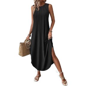 Zeagoo Women Floral Summer Dress Casual Beach Dress Printed Tank Dress with Pockets Pleated Front Long Dress