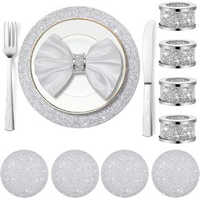 Suclain 4 Set Crushed Diamond Silver Napkin Rings Rhinestone Placemats Set Napkin Rings Holder Silver Crushed Rhinestone Placemats 13 x 13'' for Wedding Party Dinner Table Decoration