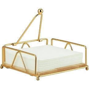 Gold Napkin Holder for Table, Metal Flat Napkin Holder Wood Base and Weight Arm, Elegant Paper Napkin Dispenser for Kitchen Counter