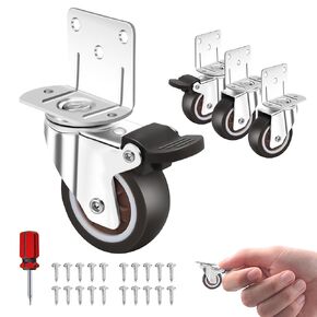 Side Mount Casters, 1 inch Casters Set of 4 with Brake, L-Shape TPR Plate Small Wheels for Furniture, Cabinet Casters, Table Caster Wheels, Loading Capacity 120 Lbs