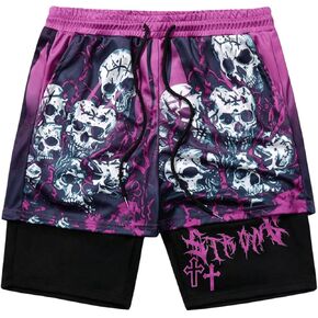 SHENHE Men's 2 in 1 Athletic Skull Print Graphic Shorts Mesh Basketball Gym Shorts with Pockets