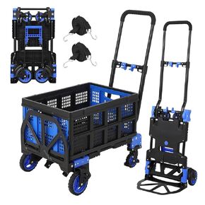Folding Hand Truck Dolly with Basket, 2-in-1 Heavy Duty Dolly Cart with Wheels, 330LBS Capacity Convertible Handcart with Retractable Handle and 4 Wheels for Home Office Moving