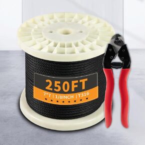 250FT 1/8" Stainless Steel Cable Black 7x7 Strands Aircraft Cable T316 Wire Rope with Cable Cutter 1800lbs Breaking Strength Wire Cable for Deck Cable Railing, Stair, Fence, DIY Balustrades