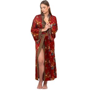 Luxury Batik Silk blend with viscose Robe for Women – Long Red Kimono – Soft Floral Print, Lightweight & Comfortable, Perfect for Bridal, Gift, or Beach Cover-Up