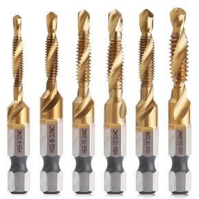 6PCS Combination Drill and Tap Bit Set, 3-in-1 Titanium Coated HSS Screw Tapping Bit for Drilling, Tapping and Deburring, SAE Size 6-32NC to 1/4-20NC, 1/4" Hex Shank and Storage Case