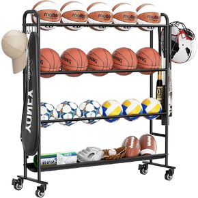 niffgaff Basketball Stand Storage Rack Outdoor, 4-Layer Training Rolling Ball Organizer with Bat Holder, Hooks & Wheels, Garage Sport Cart Equipment for Basketball, Football, Volleyball & Soccer Gear