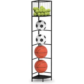 LIANTRAL Corner Ball Storage Rack, Ball Organizer for Garage, 4 Ball Storage Rack with Basket, Ball Holder for Basketball, Football, Volleyball, Vertical Ball Rack, 12.4" x 12.4" x 66.3", Black