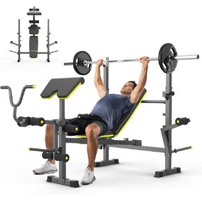 6 In 1 Weight Bench Set, 2093 LBS Foldable Bench Press with Push-Pull Bench, Adjustable Work Out Equipment for Home Gym with Squat Rack, Standard Strength Training Bench