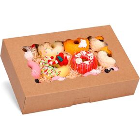 Moretoes 32pcs Cookie Boxes with Window, 12x8x2.5 Inches Brown Bakery Boxes, Large Treat Boxes Valentine's Day Boxes for Chocolate Covered Strawberries, Desserts, Cookies, Pastries, Muffins, Donuts