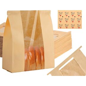 60 Pack Bread Bags for Homemade Bread, 14" X 8.3" X 3.5" Sourdough Bread Bags with Stickers Tin Tie Tab Lock Paper Bread Bags with Window Large Bakery Bags Brown Bags for Homemade Bread Storage