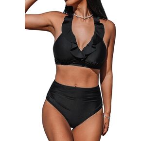 CUPSHE Women's Bikini Sets Two Piece Bathing Suit High Waisted Halter V Neck Ruffled Trim Ruched Swimwear