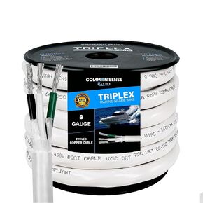 8/3 AWG Triplex Round AC Marine Wire - Tinned Copper Boat Cable - 18 Feet - White PVC Jacket, Black/White/Green Conductor - Made in The USA