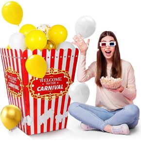 Blosssound Big Popcorn Box Decoration for Carnival Party Large Cardboard Stand up and 60 Popcorn Balloons Giant Cardboard Popcorn Bucket for Halloween Movie Night Theater Circus Party Supplies Decor