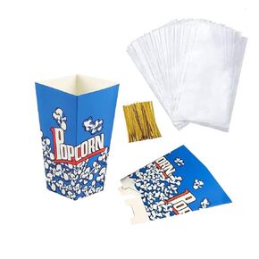 Popcorn Boxes 50Sets Popcorn Box Containers Cardboard Candy Boxes With Clear Popcorn Box Bags Popcorn Tubs Disposable Treat Boxes for Party Movie Supplies Decorations (Blue+Clear Bags 50Set)