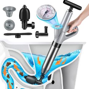 Stainless Steel Toilet Plunger, Air Drain Blaster, High Pressure Drain Blaster Gun, Drain Clog Remover Tool with Visual Barometer, Toilet Plunger for Sink, Toilets, Kitchen, Bathroom, Clogged Pipe
