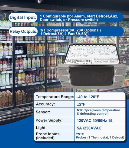 جهاز التحكم في درجة الحرارة USTAR متوافق مع Dixell XR06CX-4N1F1، 120 فولت 50-60 هرتز، مناسب لميجالي أتوسا والثلاجات التجارية الأخرى، مع مجسات مستشعر درجة الحرارة ومشبك in Kuwait