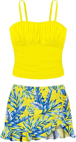 Girls Tankini Girls Bathing Suits Size 12-14 Two Piece Tropical Print Pleated Tween Girls Swimsuits Adjustable Straps with Ruffle Drawstring Skirt Swimwear Black Floral 13-14 Years in Saudi Arabia