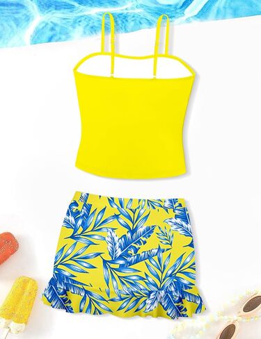 Girls Tankini Girls Bathing Suits Size 12-14 Two Piece Tropical Print Pleated Tween Girls Swimsuits Adjustable Straps with Ruffle Drawstring Skirt Swimwear Black Floral 13-14 Years in Saudi Arabia