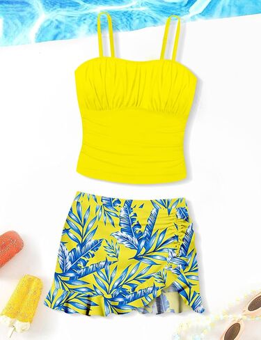 Girls Tankini Girls Bathing Suits Size 12-14 Two Piece Tropical Print Pleated Tween Girls Swimsuits Adjustable Straps with Ruffle Drawstring Skirt Swimwear Black Floral 13-14 Years in Saudi Arabia