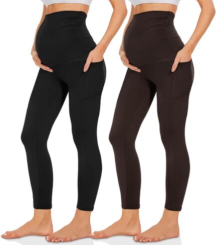 QGGQDD 2 Pack Maternity Leggings Over The Belly with Pockets, Womens Black High Waisted Workout Pregnancy Pants in Saudi Arabia