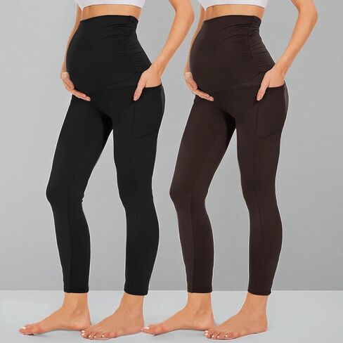 QGGQDD 2 Pack Maternity Leggings Over The Belly with Pockets, Womens Black High Waisted Workout Pregnancy Pants in Saudi Arabia
