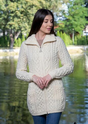 سترة SAOL للسيدات الأيرلندية آران بسحاب - معطف 100% من صوف ميرينو الأيرلندي مع جيوب وياقة مرتفعة in Kuwait