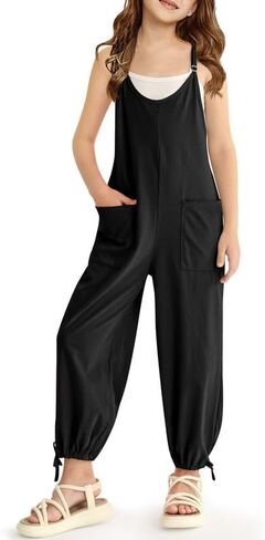 BesserBay Big Girls Casual White Jumpsuit Drawstring Cuffs Long Pants V Neck Spaghetti Strap Romper 13-14 Years in Saudi Arabia