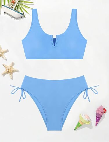 Girls Swimsuit 2 Piece V-Neck Cutout Girls' Swimwear Top High Waisted Bottom Bathing Suits for Teens 7-16 Years in Kuwait